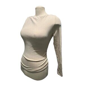 OGL Boat Neck Long Sleeve Ruched Blouse with Built in Bra Sz Medium Womens Beige